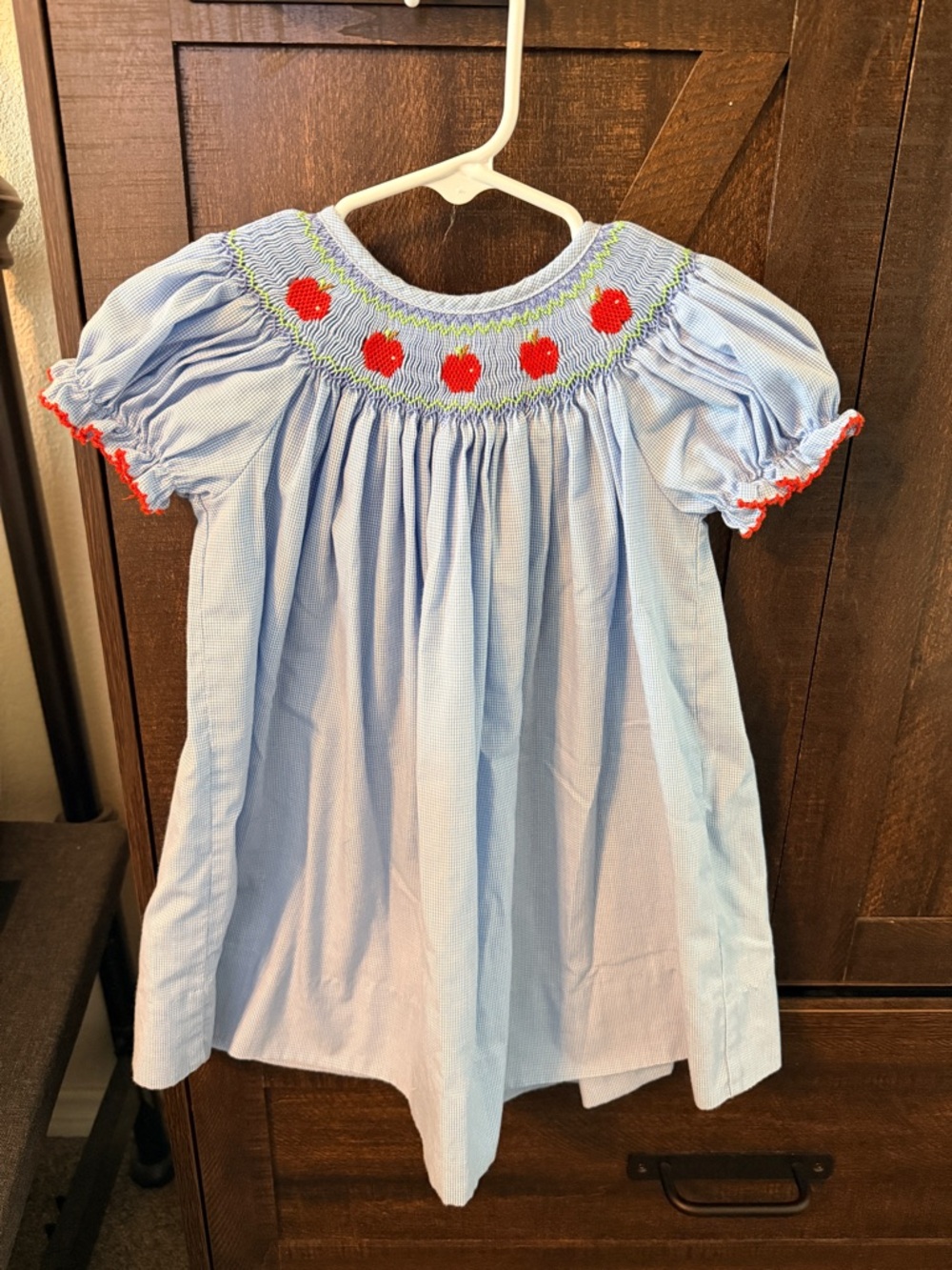 Edgehill Collection Light Blue Smocked Dress with Red Apple Motif
